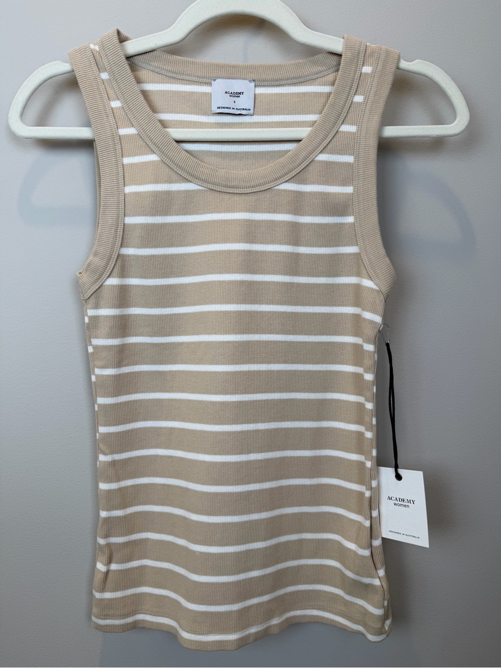 Academy Women Striped Ribbed Tank Top Size S Beige White Cotton NWT!